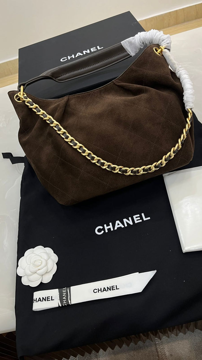 Dark brown suede Chanel Maxi Hobo Bag