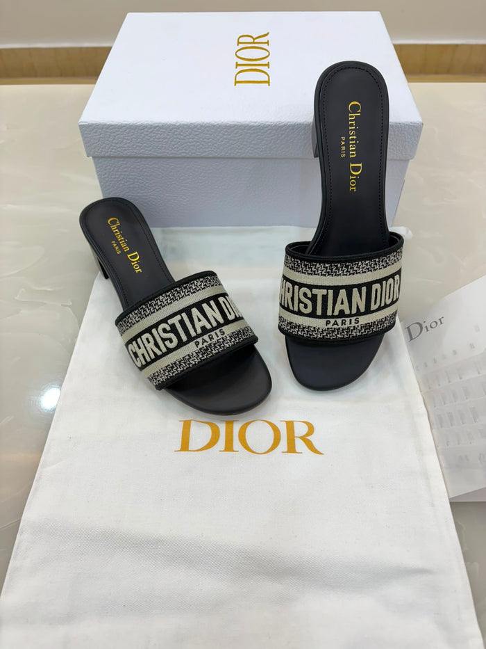 Dior Heeled Slide Deep Blue Embroidered Cotton