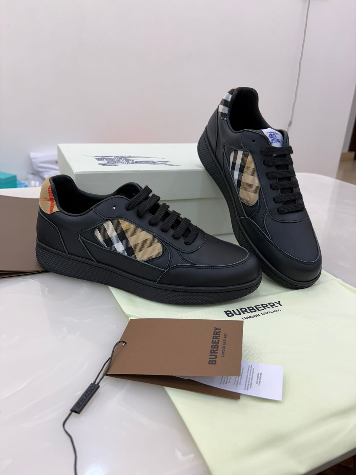 Burberry Leather and Check Terrace Sneakers in black