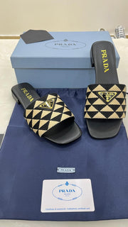 Prada Women's Embroidered Fabric Slide Sandals