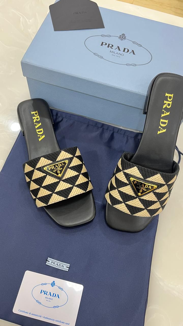 Prada Women's Embroidered Fabric Slide Sandals