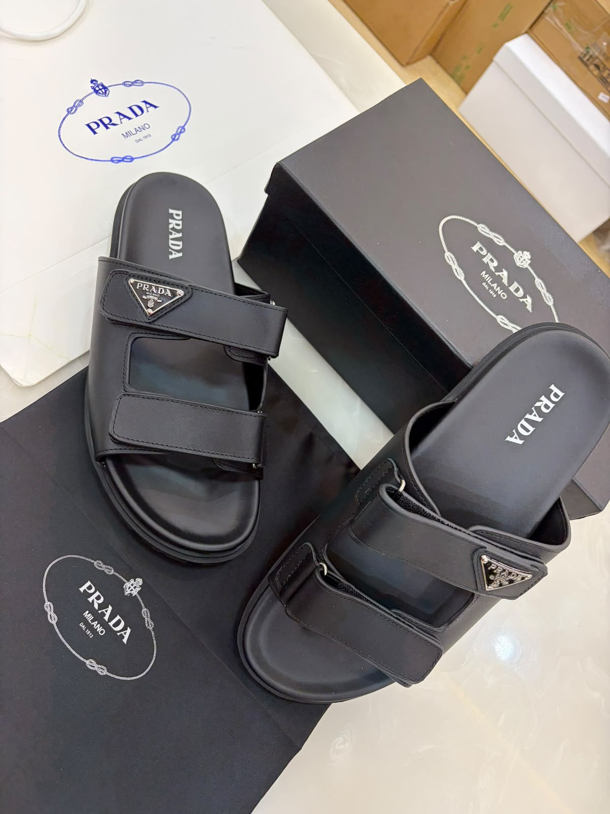 Black Prada Leather Strap Sandals