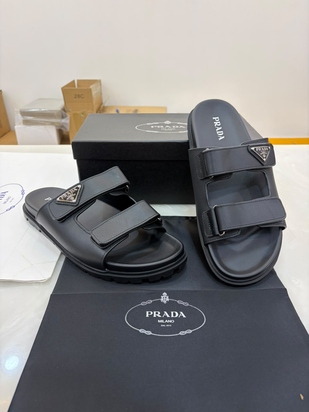 Black Prada Leather Strap Sandals