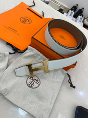 White and grey reversible Hermès leather belt