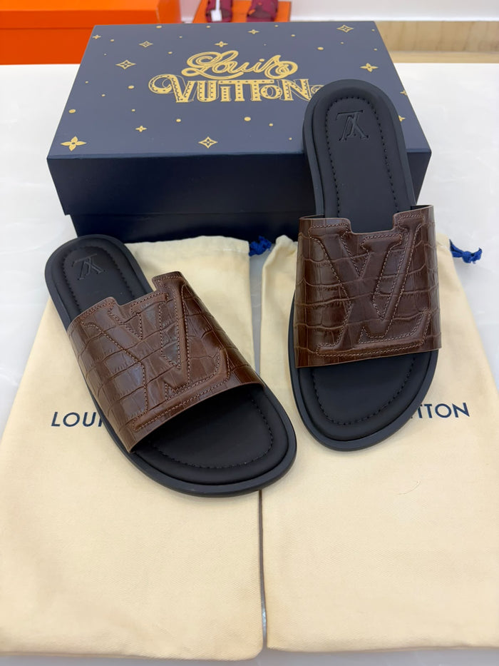 LV brown crocodile-embossed leather slides