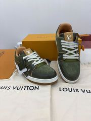 green suede calf leather on these Louis Vuitton LV Trainer Sneakers