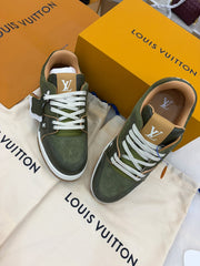 green suede calf leather on these Louis Vuitton LV Trainer Sneakers