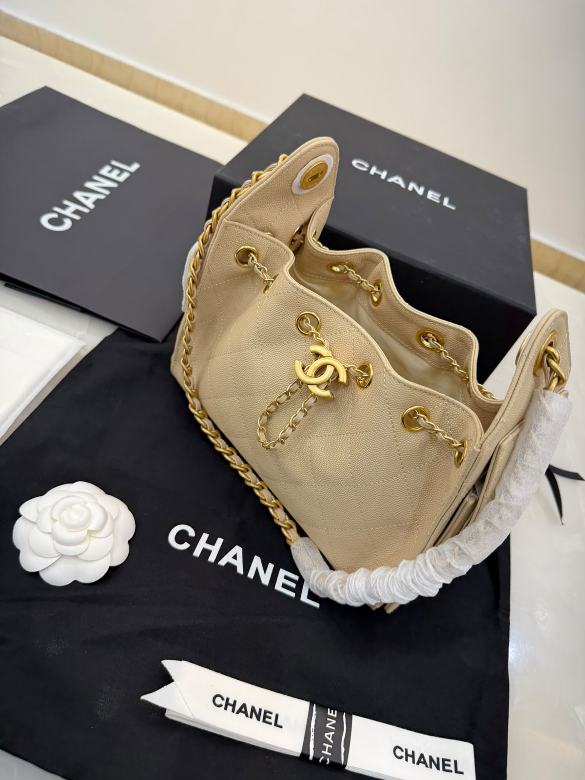 light beige CHANEL 25 Mini Handbag