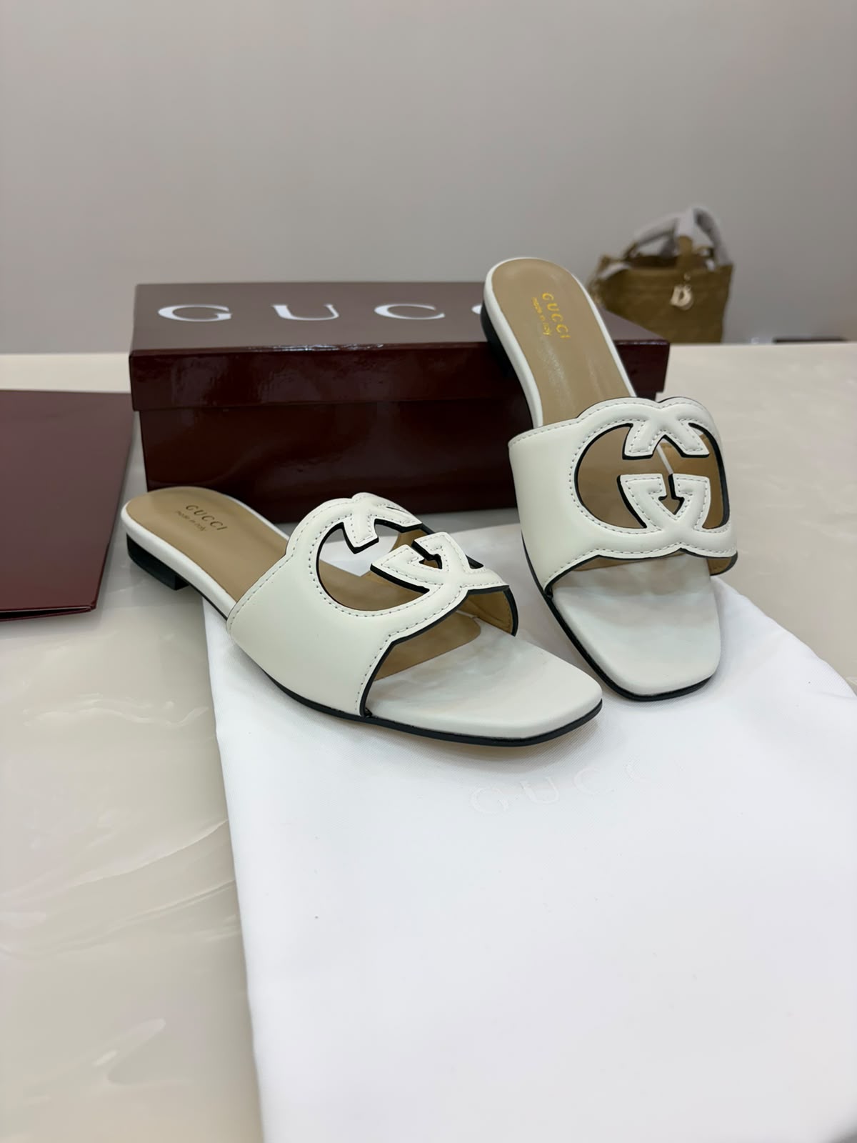 Gucci white leather slide sandals