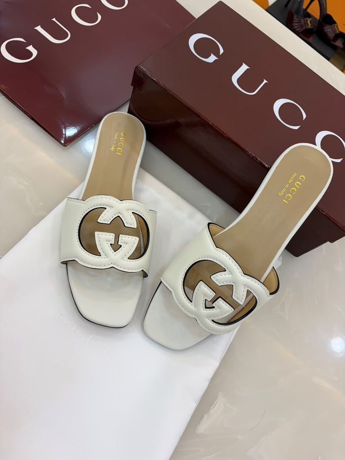 Gucci white leather slide sandals