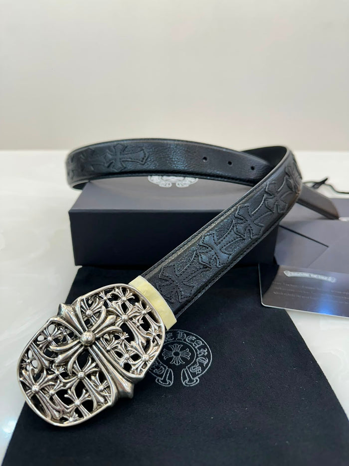 Chrome Hearts Cemetery Cross buckle leather belt