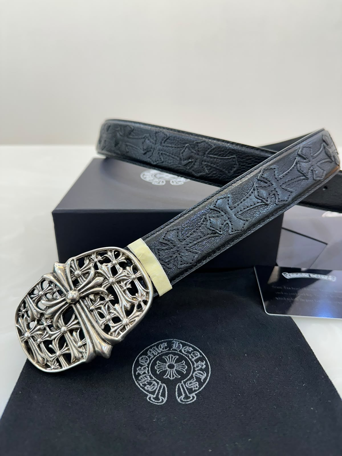 Chrome Hearts Cemetery Cross buckle leather belt